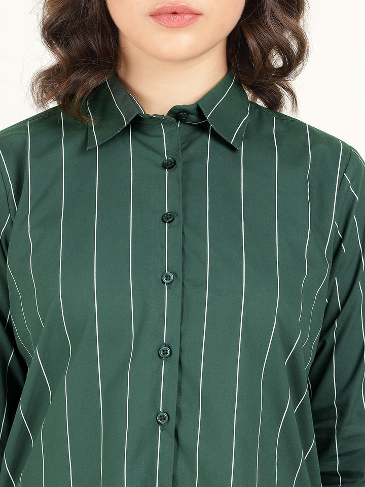 Women Bottle Green Striped Pure Cotton Relaxed Fit Casual Shirt