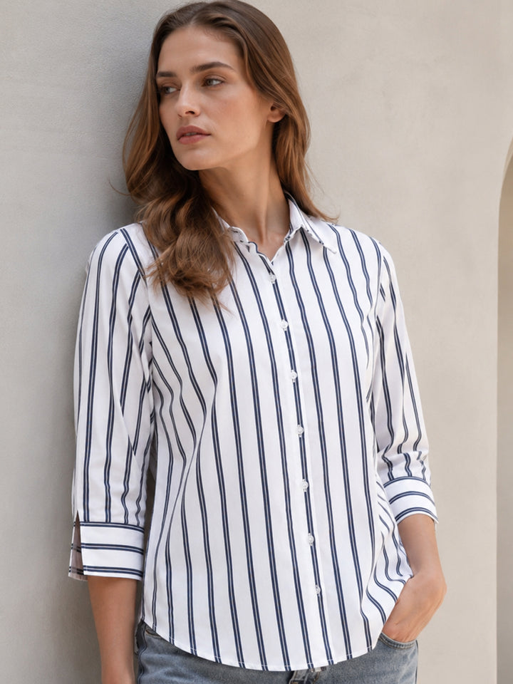 Women White & Navy Blue Striped Pure Cotton Relaxed Fit Casual Shirt