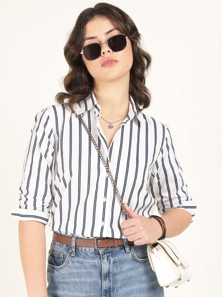 Women White & Navy Blue Striped Pure Cotton Relaxed Fit Casual Shirt