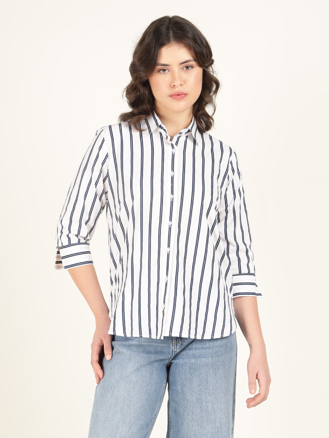Women White & Navy Blue Striped Pure Cotton Relaxed Fit Casual Shirt