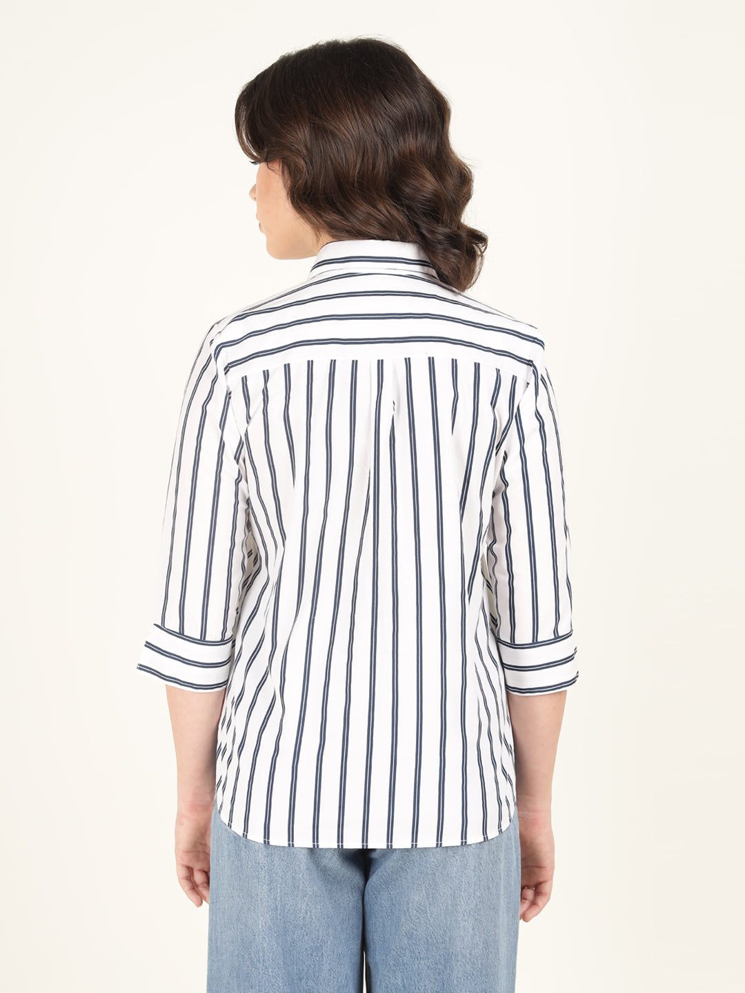 Women White & Navy Blue Striped Pure Cotton Relaxed Fit Casual Shirt