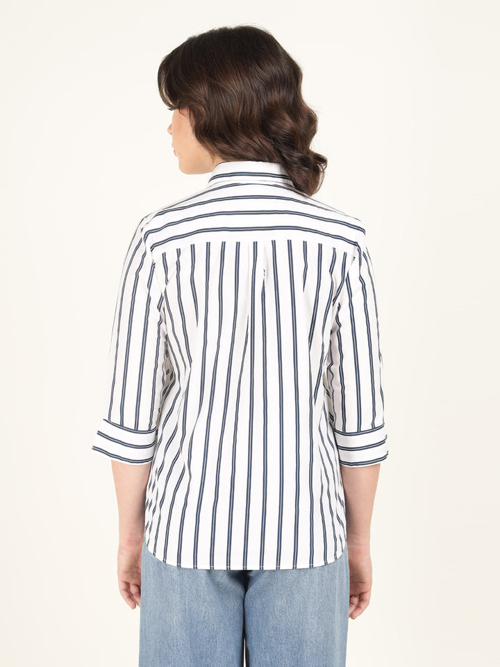 Women White & Navy Blue Striped Pure Cotton Relaxed Fit Casual Shirt