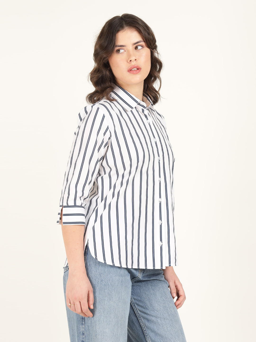 Women White & Navy Blue Striped Pure Cotton Relaxed Fit Casual Shirt