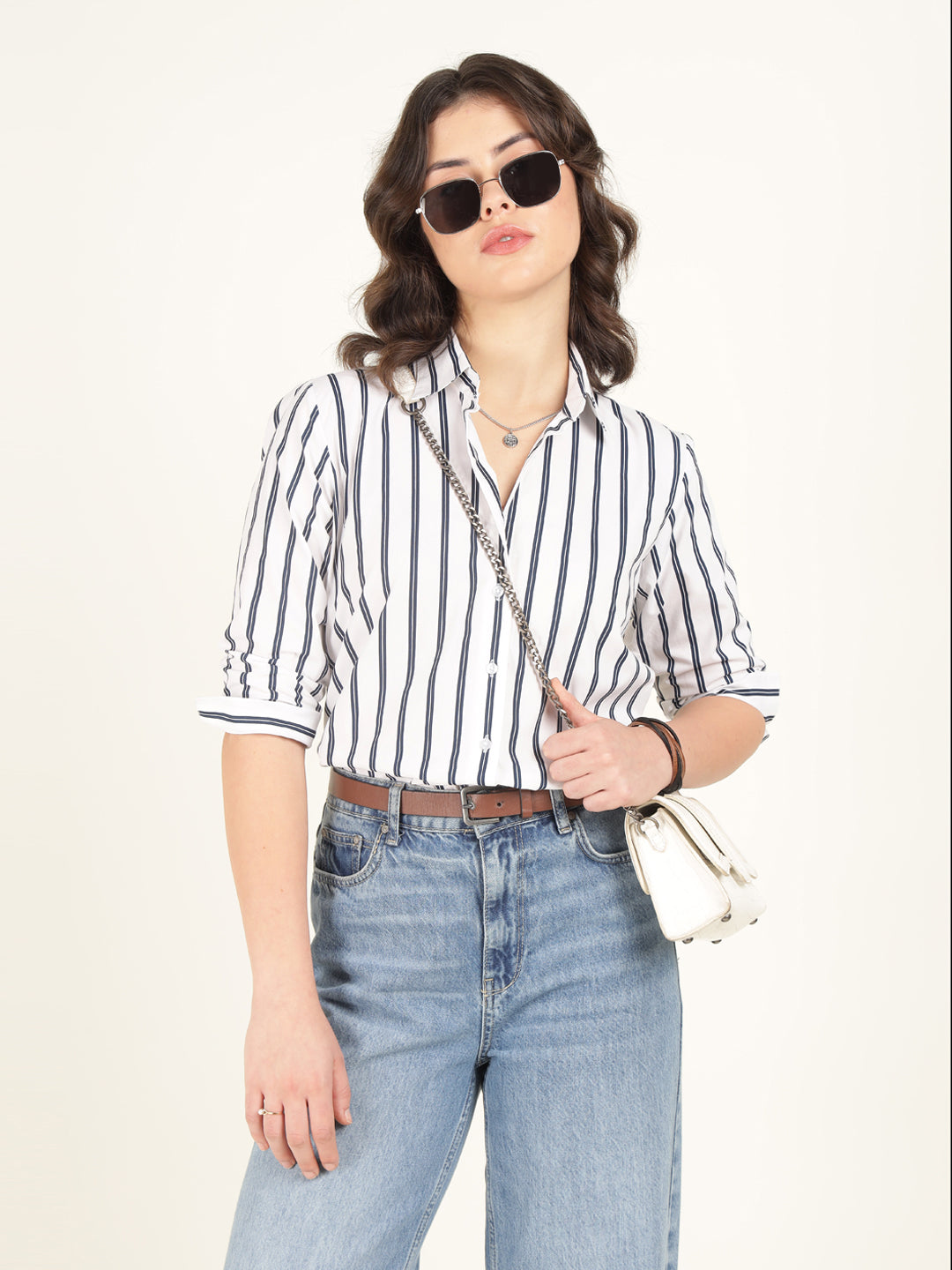 Women White & Navy Blue Striped Pure Cotton Relaxed Fit Casual Shirt