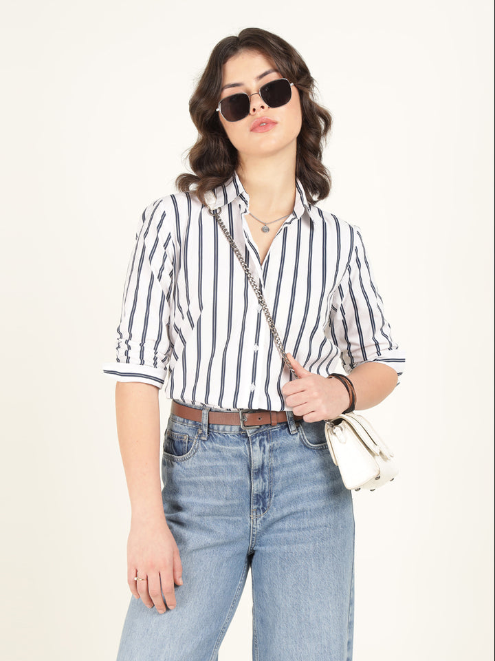 Women White & Navy Blue Striped Pure Cotton Relaxed Fit Casual Shirt