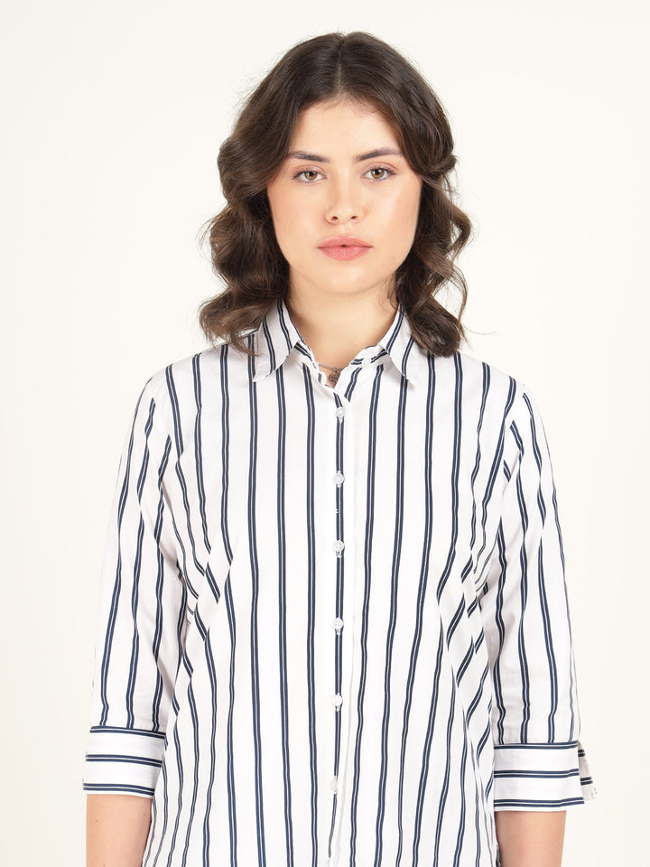 Women White & Navy Blue Striped Pure Cotton Relaxed Fit Casual Shirt