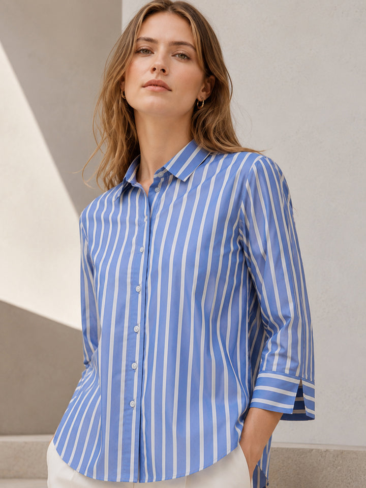 Women Blue & White Striped Pure Cotton Relaxed Fit Casual Shirt