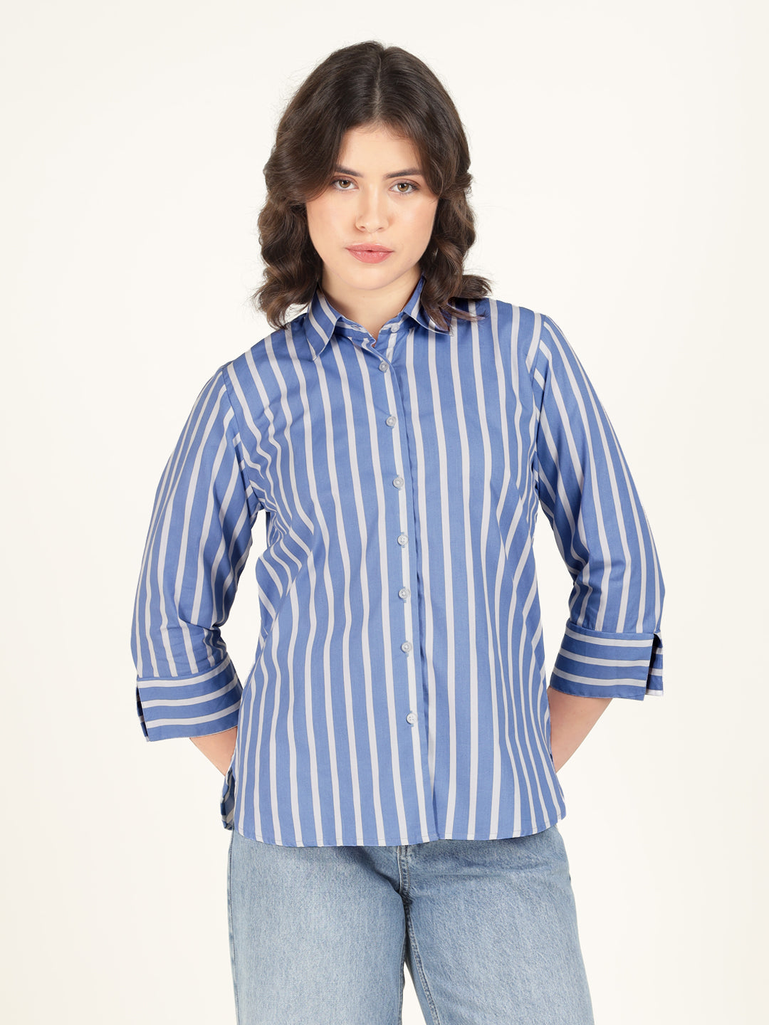 Women Blue & White Striped Pure Cotton Relaxed Fit Casual Shirt
