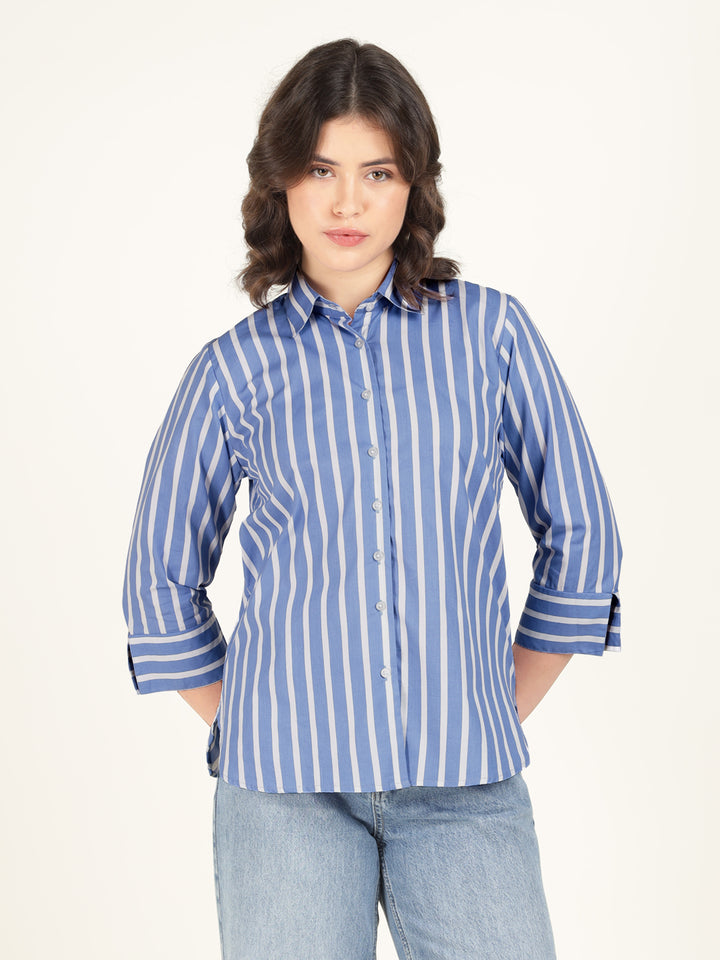 Women Blue & White Striped Pure Cotton Relaxed Fit Casual Shirt