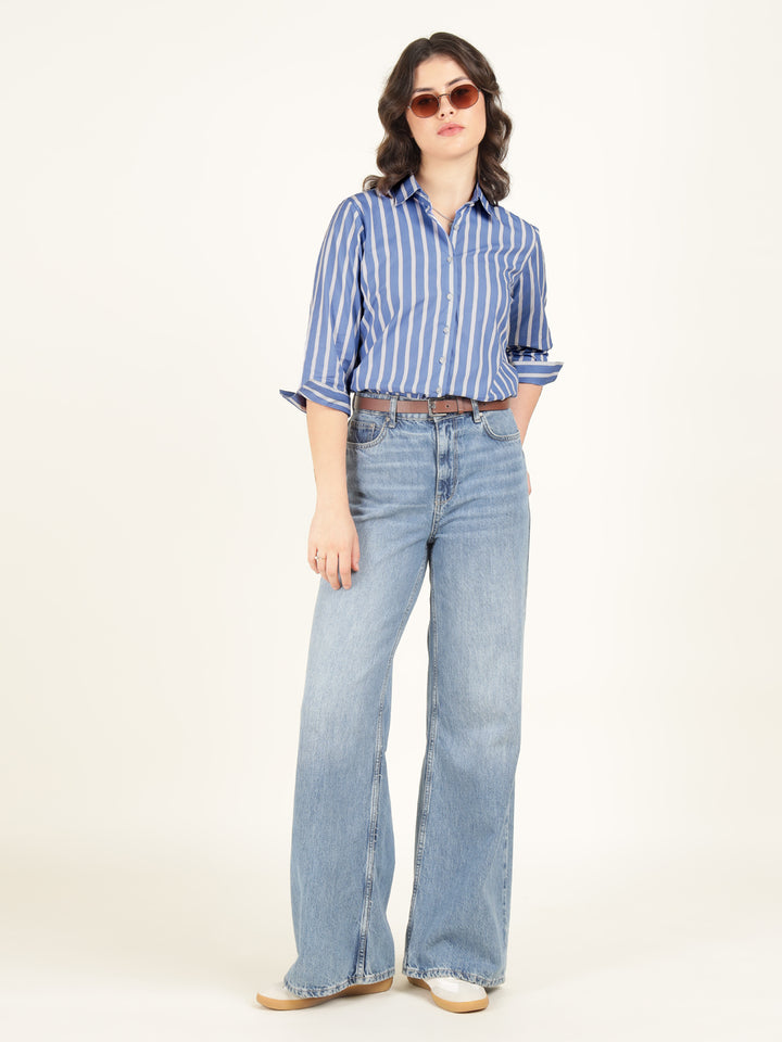 Women Blue & White Striped Pure Cotton Relaxed Fit Casual Shirt