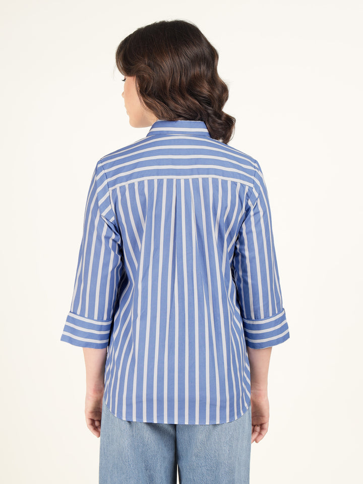 Women Blue & White Striped Pure Cotton Relaxed Fit Casual Shirt