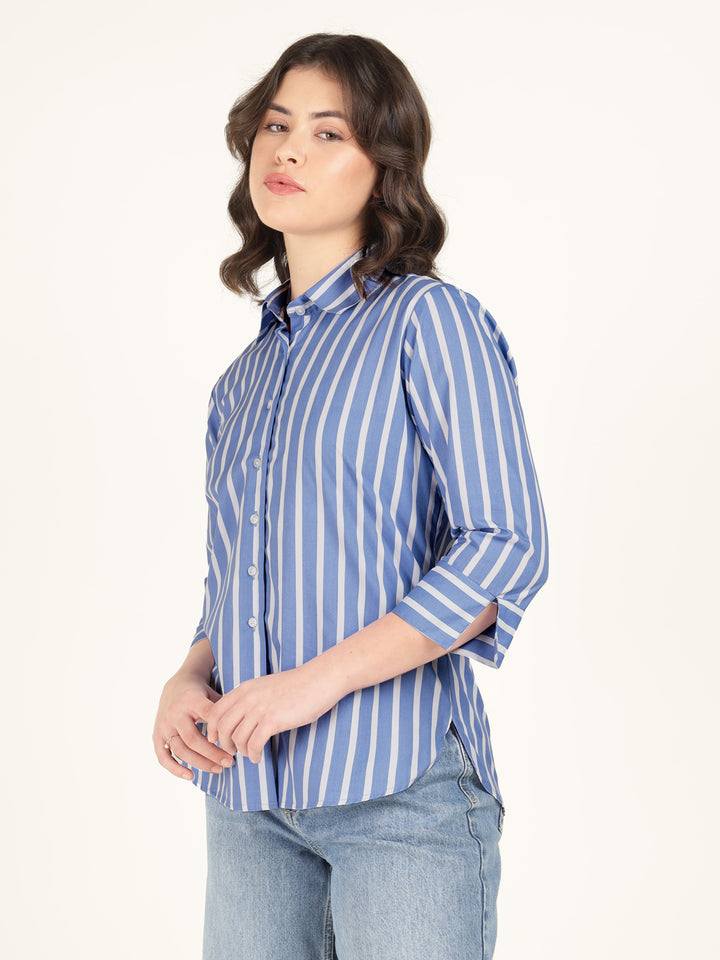 Women Blue & White Striped Pure Cotton Relaxed Fit Casual Shirt