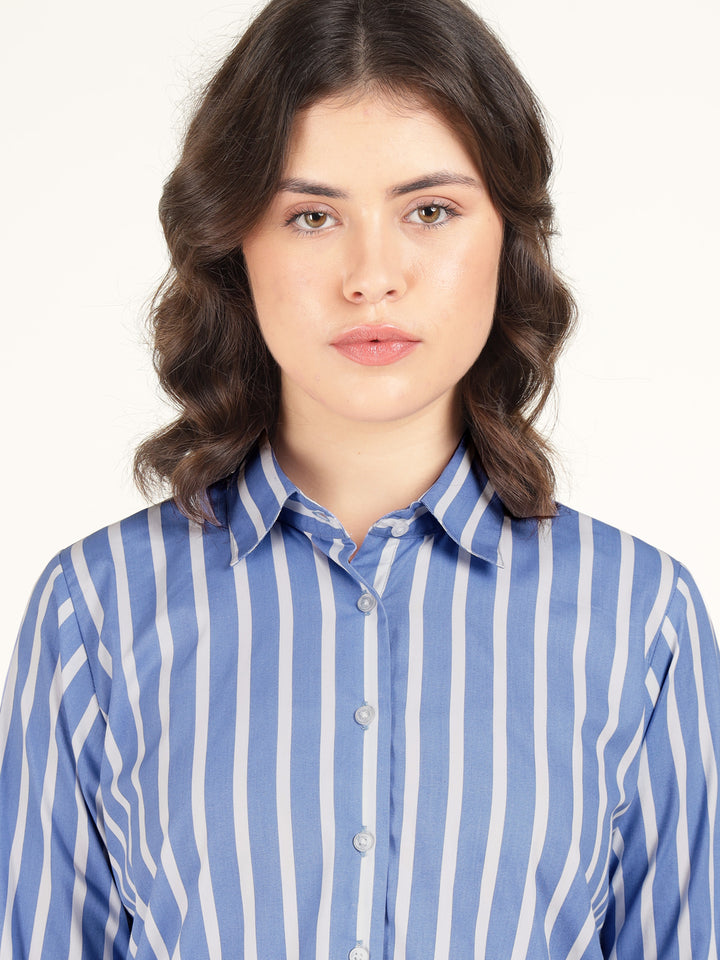 Women Blue & White Striped Pure Cotton Relaxed Fit Casual Shirt