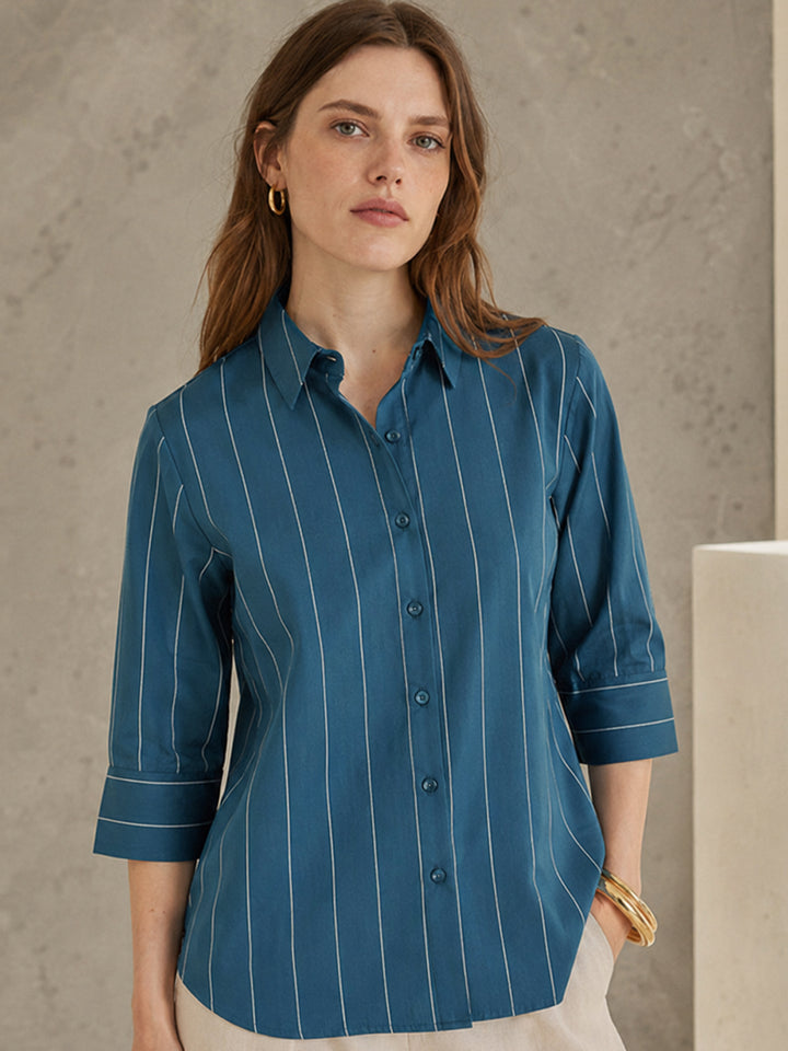 Women Turquoise Striped Pure Cotton Relaxed Fit Casual Shirt