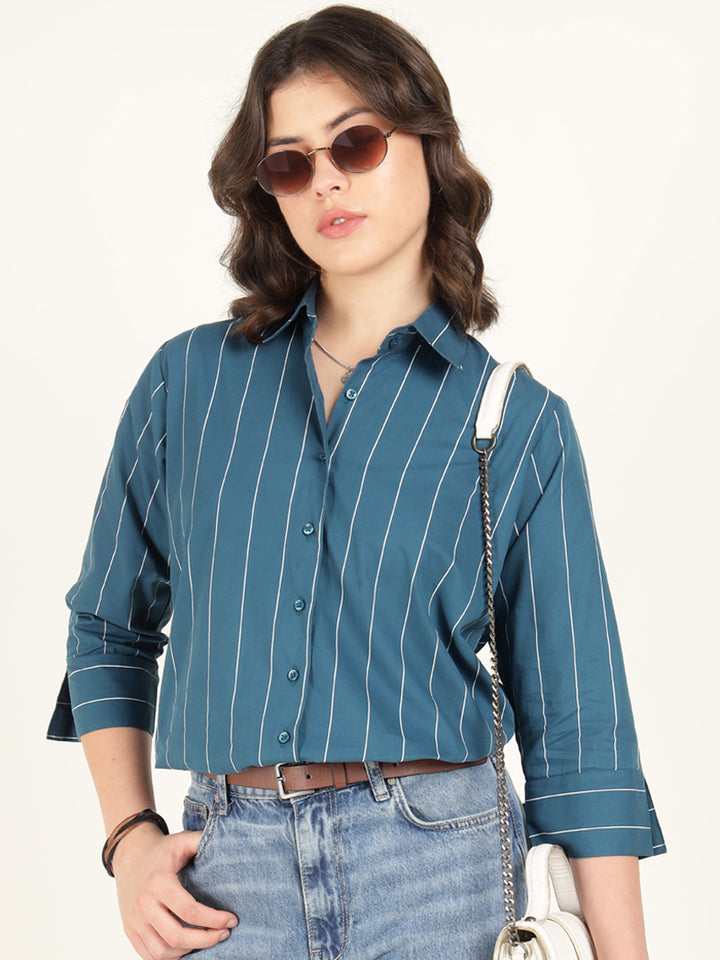 Hancock Women Turquoise Striped Pure Cotton Relaxed Fit Casual Shirt