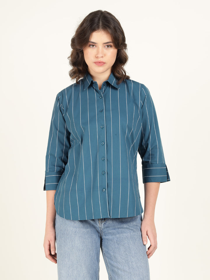 Hancock Women Turquoise Striped Pure Cotton Relaxed Fit Casual Shirt