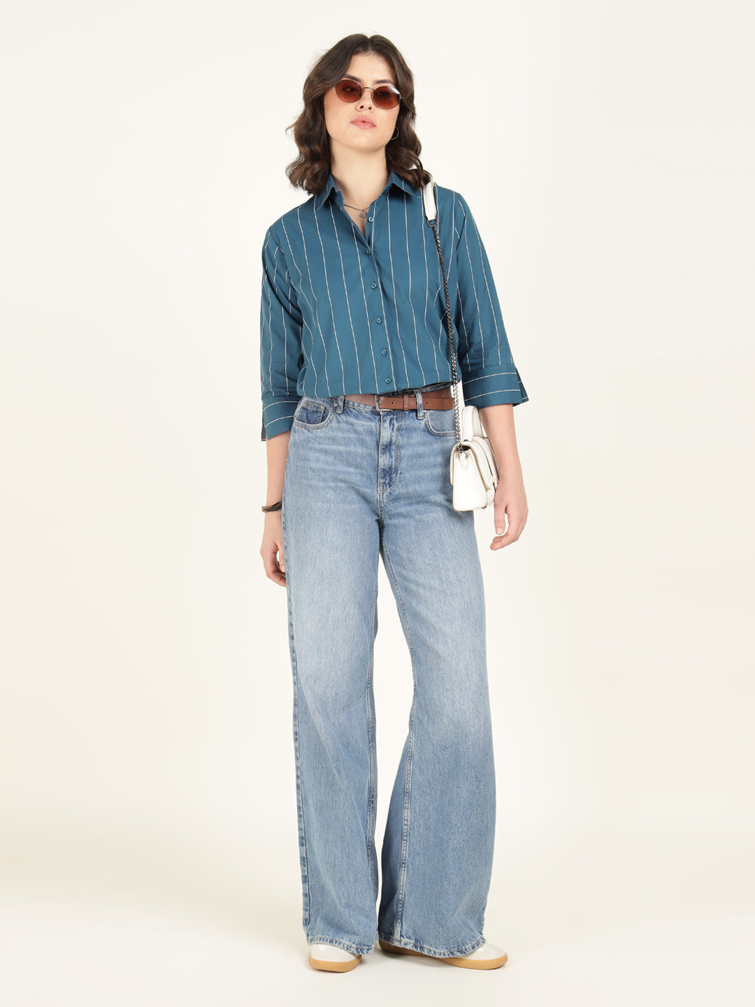 Hancock Women Turquoise Striped Pure Cotton Relaxed Fit Casual Shirt