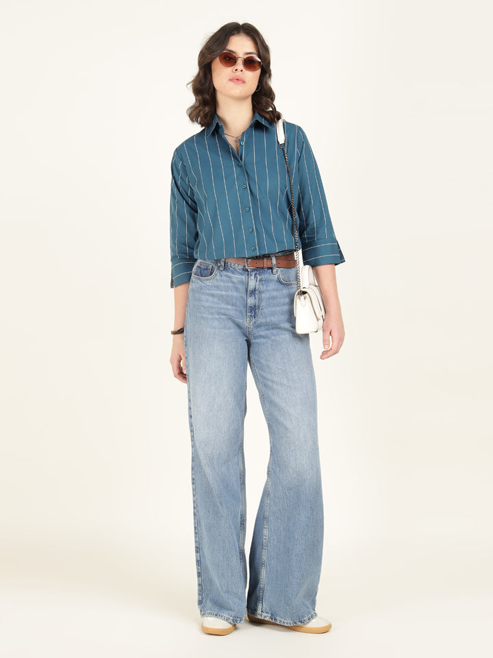 Hancock Women Turquoise Striped Pure Cotton Relaxed Fit Casual Shirt