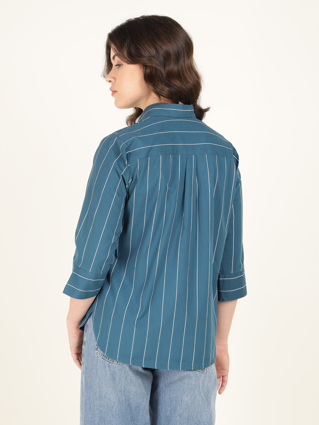 Hancock Women Turquoise Striped Pure Cotton Relaxed Fit Casual Shirt