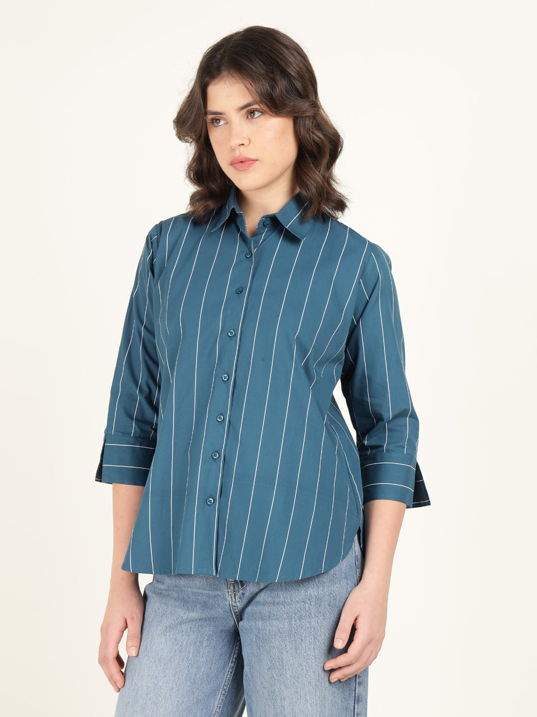 Hancock Women Turquoise Striped Pure Cotton Relaxed Fit Casual Shirt