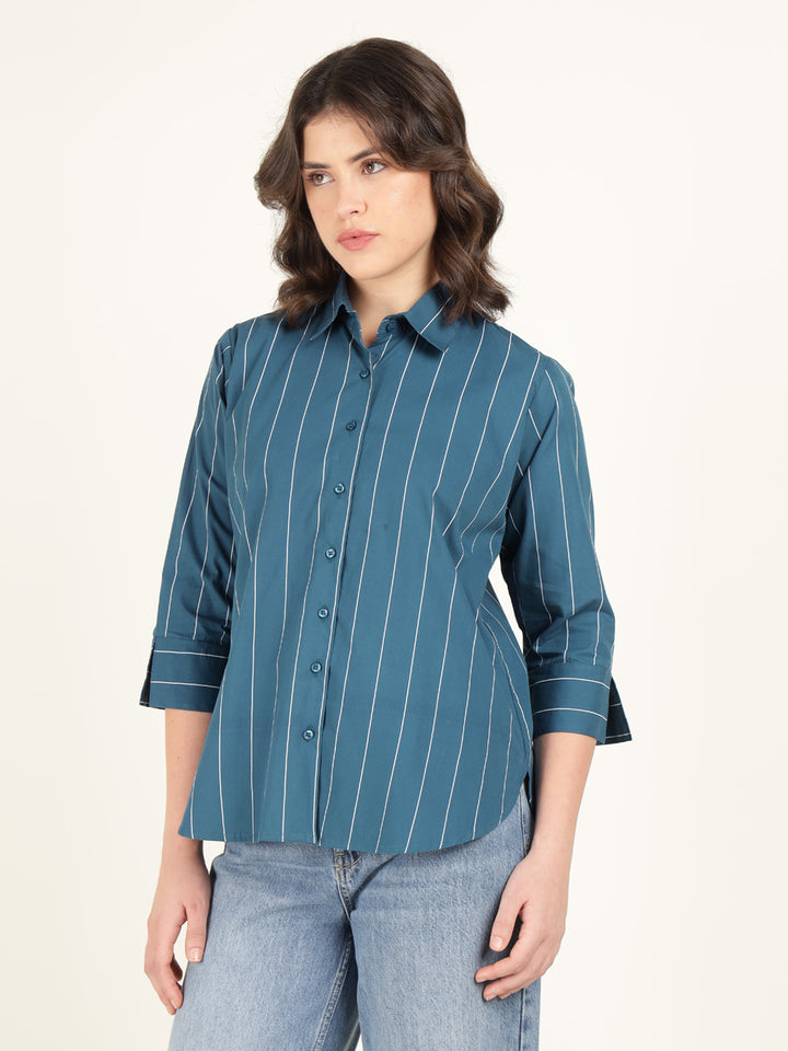 Hancock Women Turquoise Striped Pure Cotton Relaxed Fit Casual Shirt