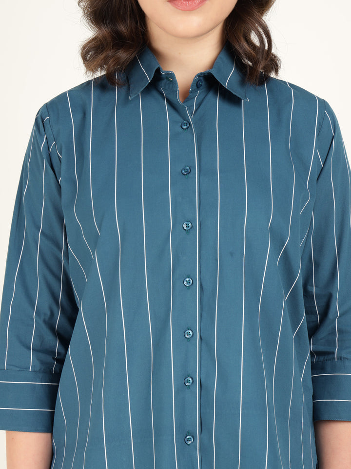 Hancock Women Turquoise Striped Pure Cotton Relaxed Fit Casual Shirt