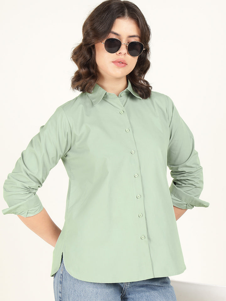 Women Sea Green Solid Pure Cotton Relaxed Fit Casual Shirt