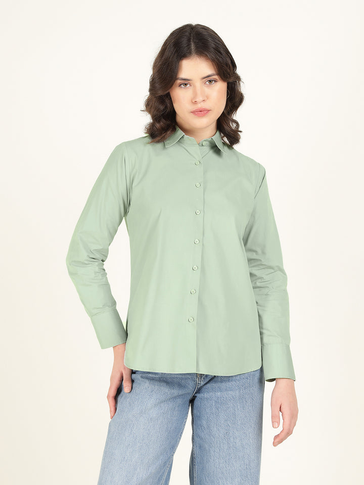 Women Sea Green Solid Pure Cotton Relaxed Fit Casual Shirt