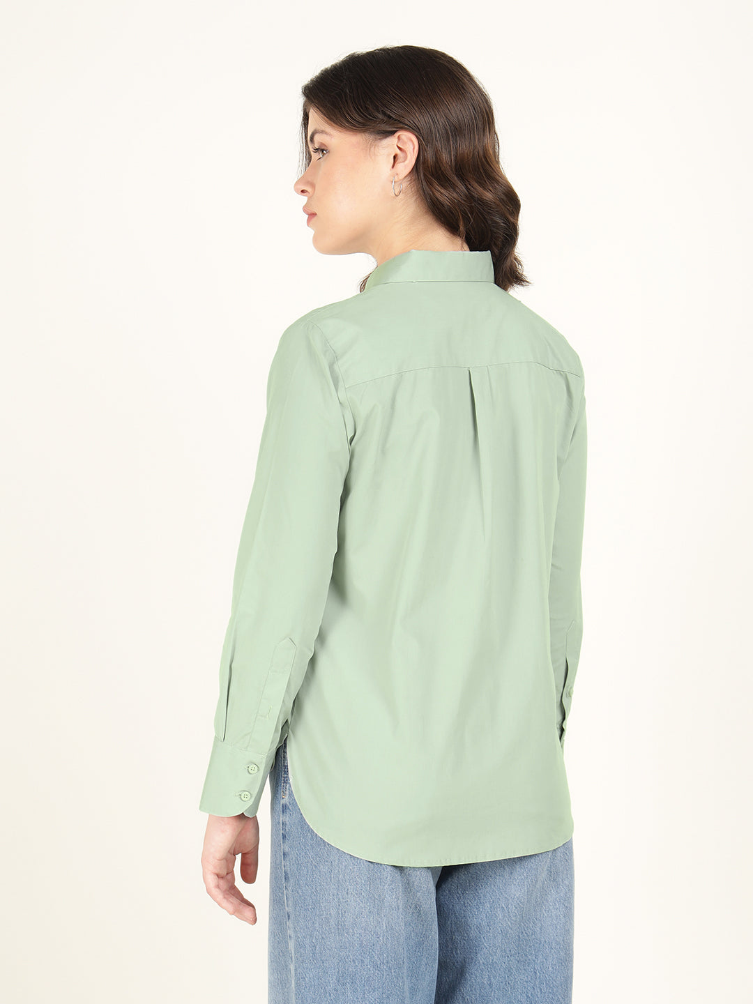 Women Sea Green Solid Pure Cotton Relaxed Fit Casual Shirt