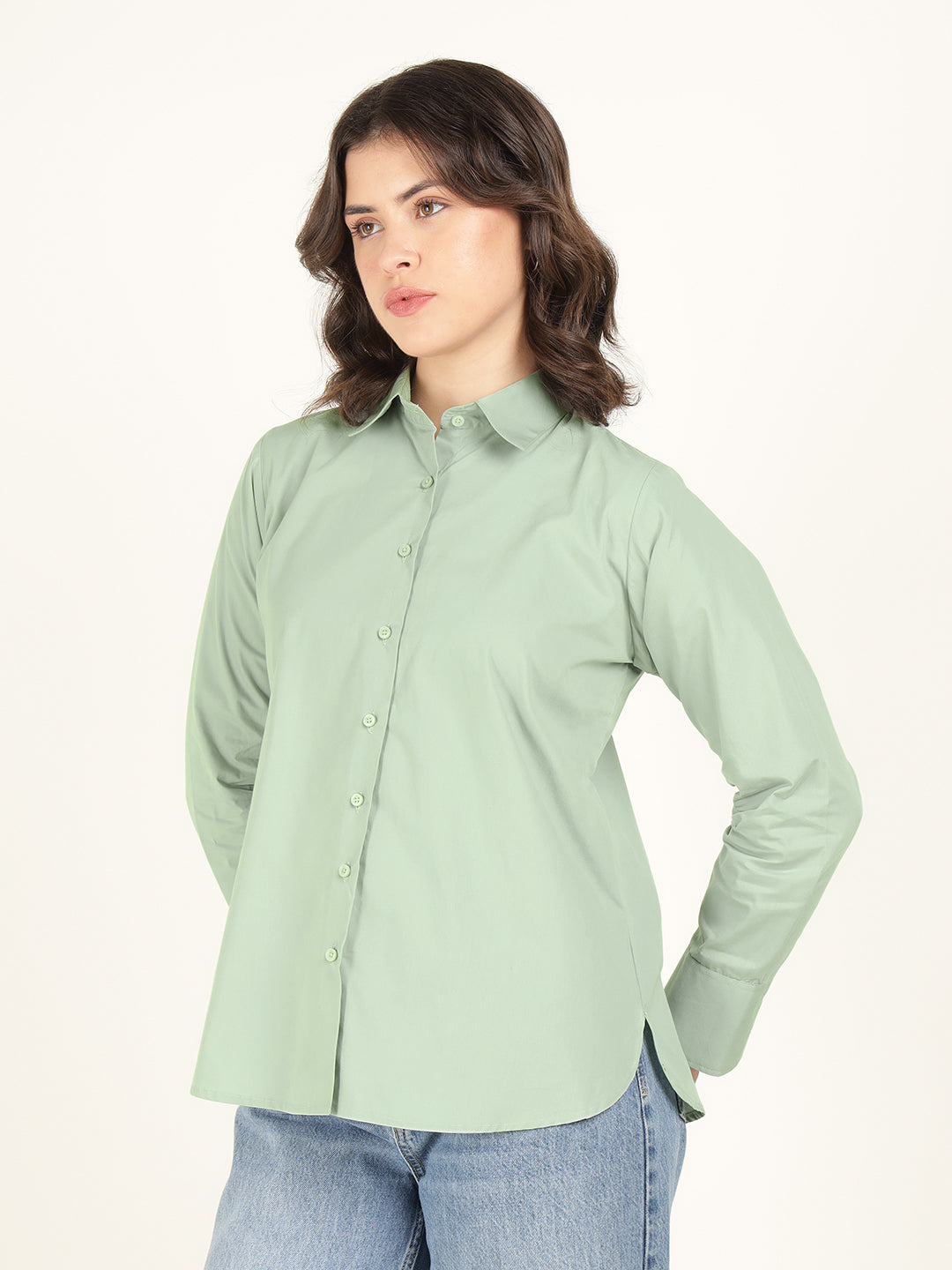 Women Sea Green Solid Pure Cotton Relaxed Fit Casual Shirt
