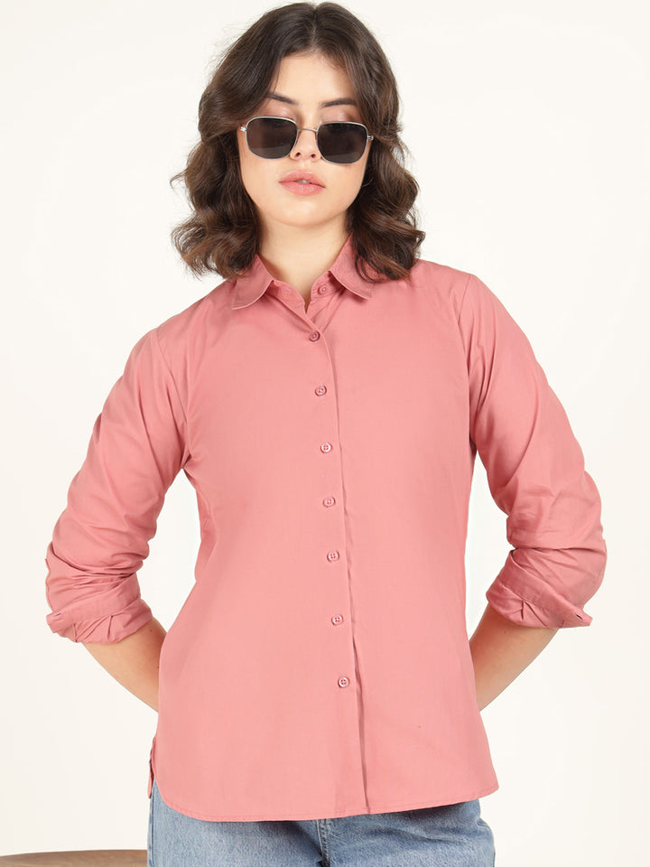 Women Coral Solid Pure Cotton Relaxed Fit Casual Shirt