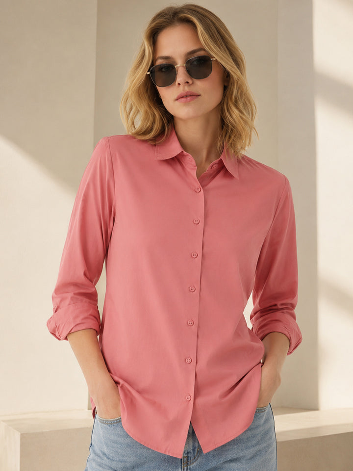 Women Coral Solid Pure Cotton Relaxed Fit Casual Shirt