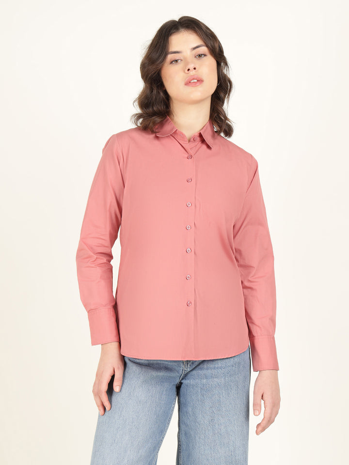 Women Coral Solid Pure Cotton Relaxed Fit Casual Shirt