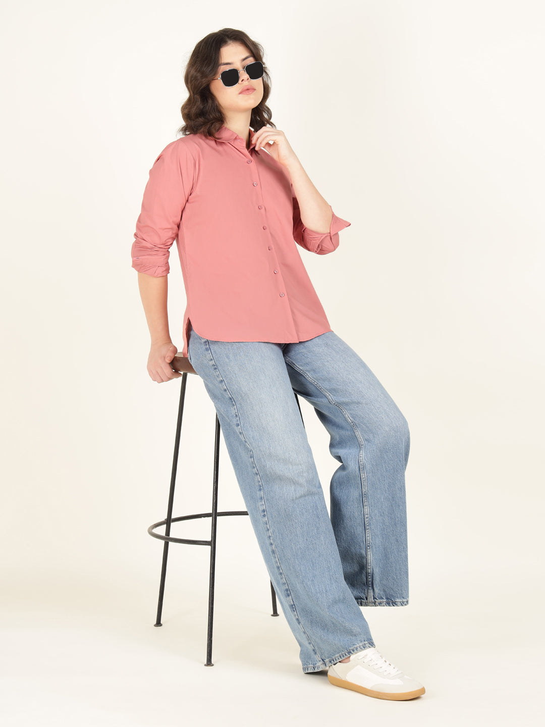 Women Coral Solid Pure Cotton Relaxed Fit Casual Shirt