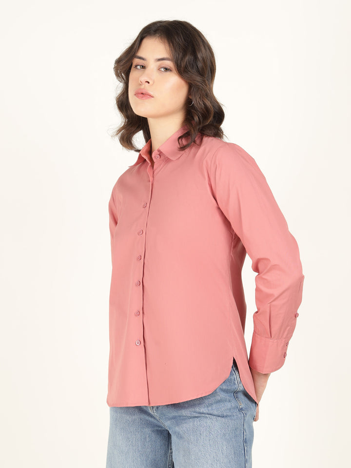 Women Coral Solid Pure Cotton Relaxed Fit Casual Shirt
