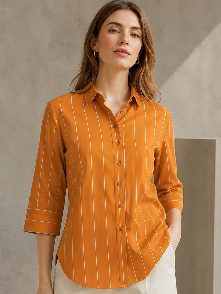Women Mustard Striped Pure Cotton Relaxed Fit Casual Shirt