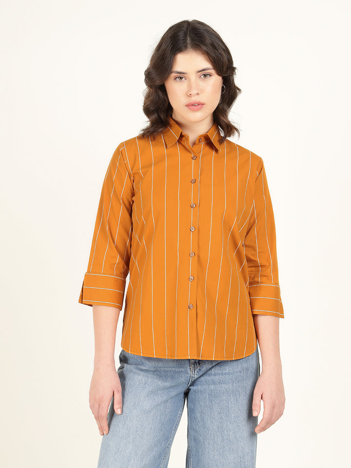 Women Mustard Striped Pure Cotton Relaxed Fit Casual Shirt