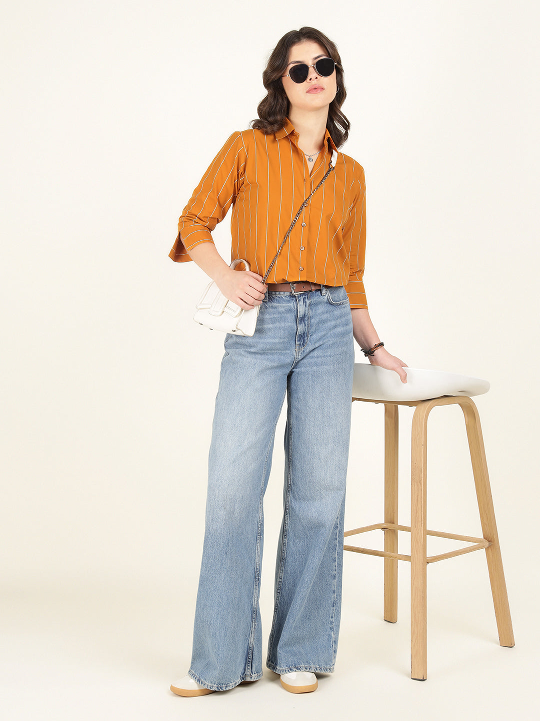 Women Mustard Striped Pure Cotton Relaxed Fit Casual Shirt