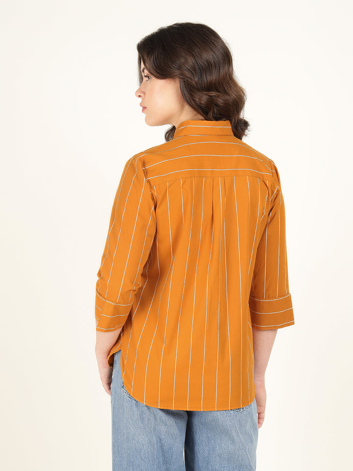 Women Mustard Striped Pure Cotton Relaxed Fit Casual Shirt