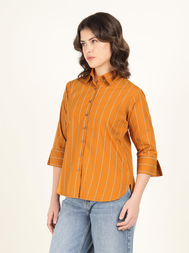 Women Mustard Striped Pure Cotton Relaxed Fit Casual Shirt