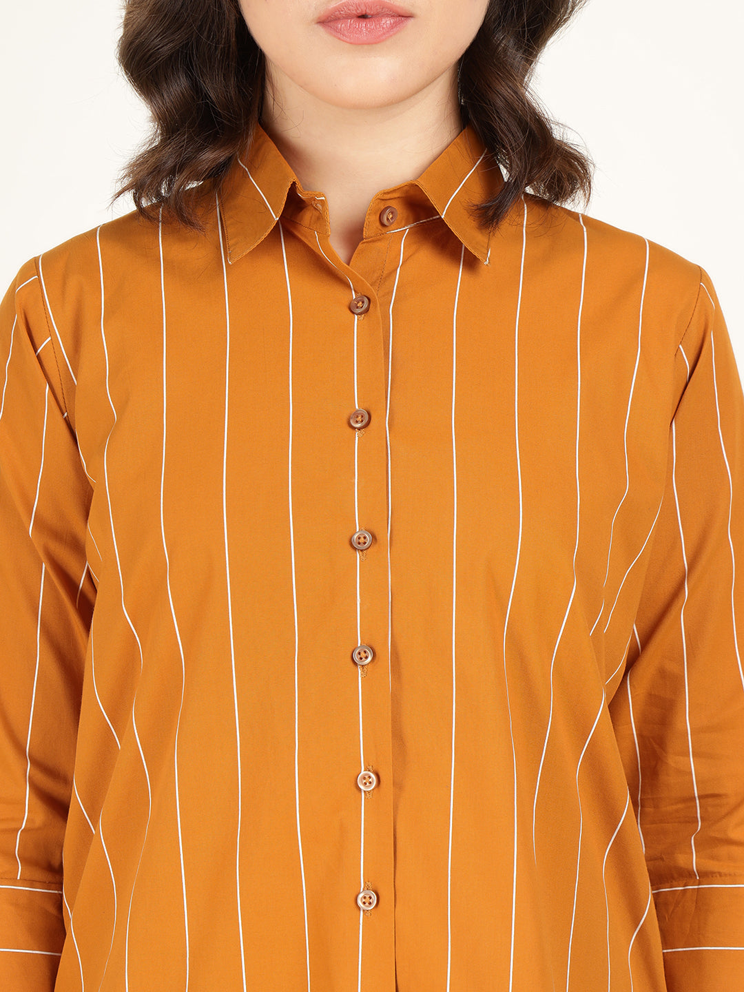 Women Mustard Striped Pure Cotton Relaxed Fit Casual Shirt