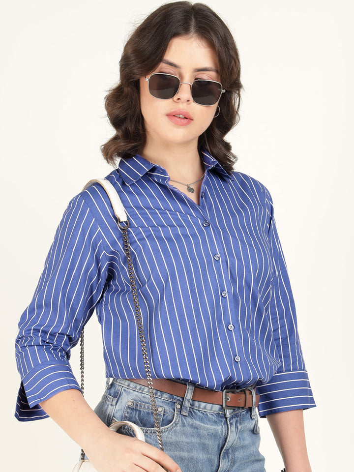 Hancock Women Blue & White Striped Pure Cotton Relaxed Fit Casual Shirt