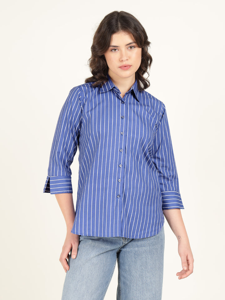 Hancock Women Blue & White Striped Pure Cotton Relaxed Fit Casual Shirt
