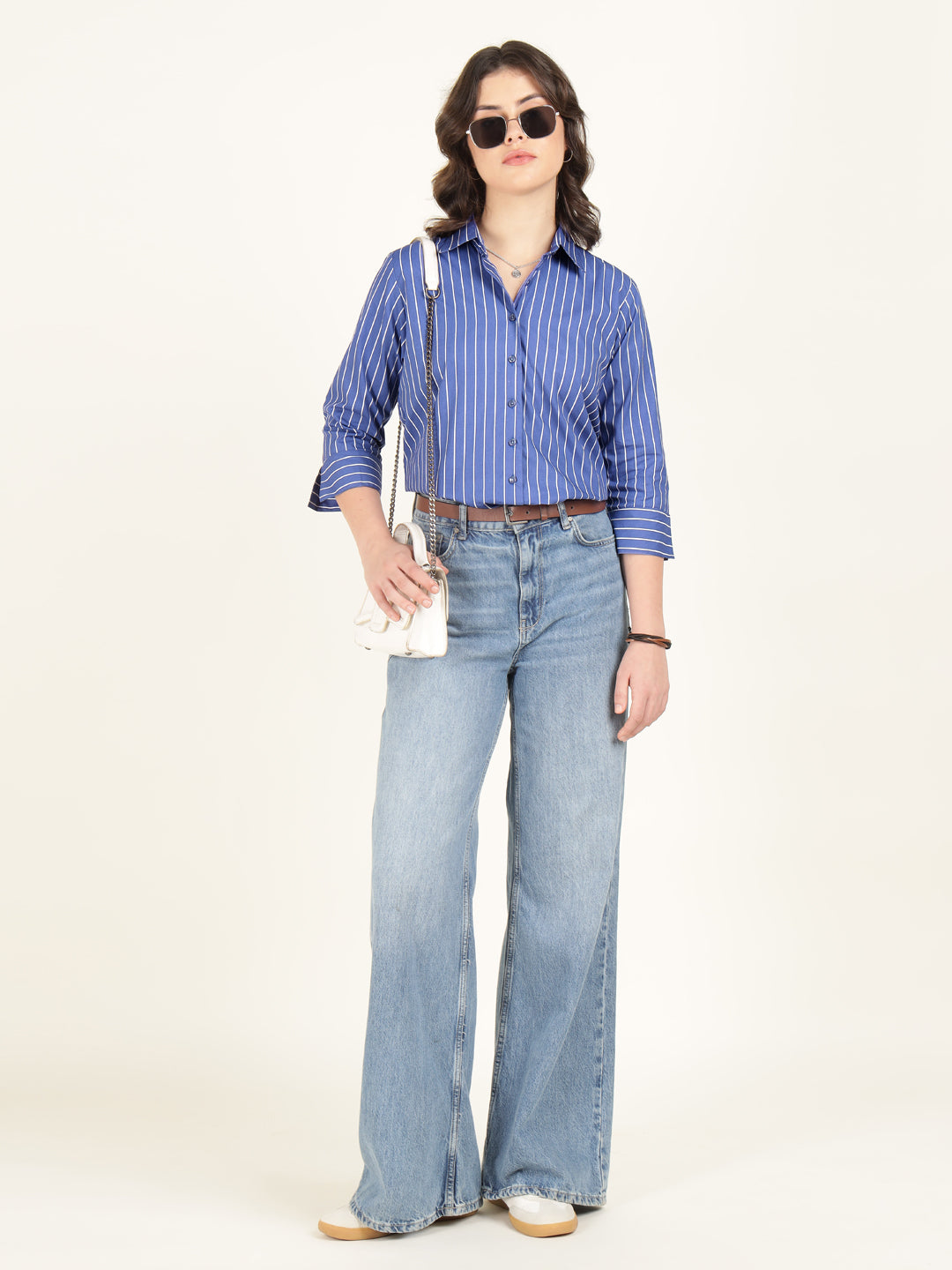 Hancock Women Blue & White Striped Pure Cotton Relaxed Fit Casual Shirt