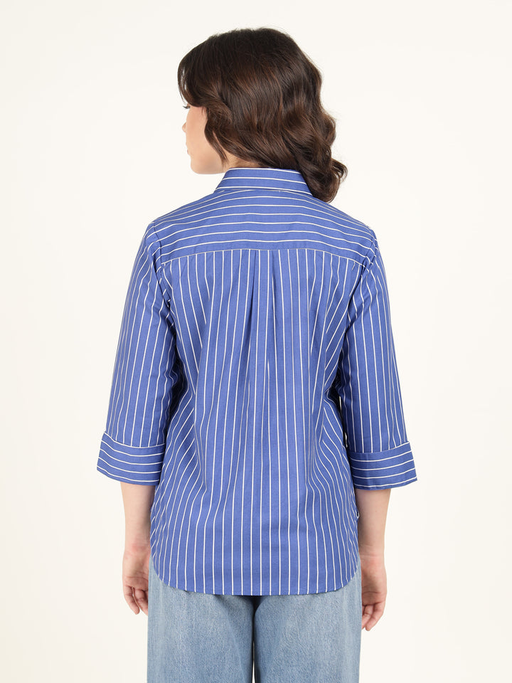 Hancock Women Blue & White Striped Pure Cotton Relaxed Fit Casual Shirt