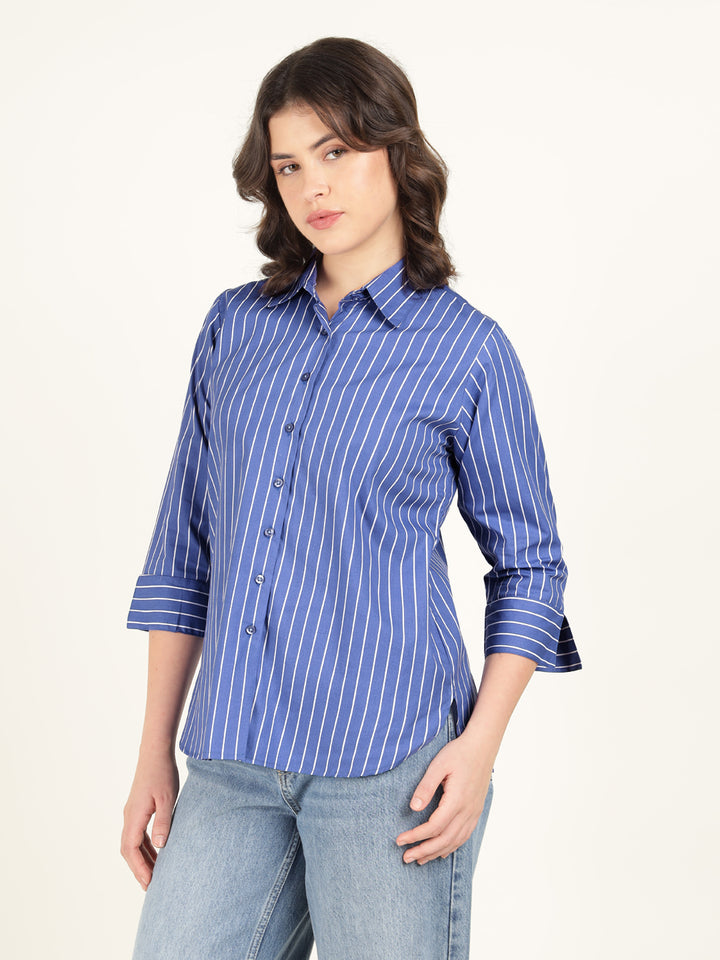 Hancock Women Blue & White Striped Pure Cotton Relaxed Fit Casual Shirt