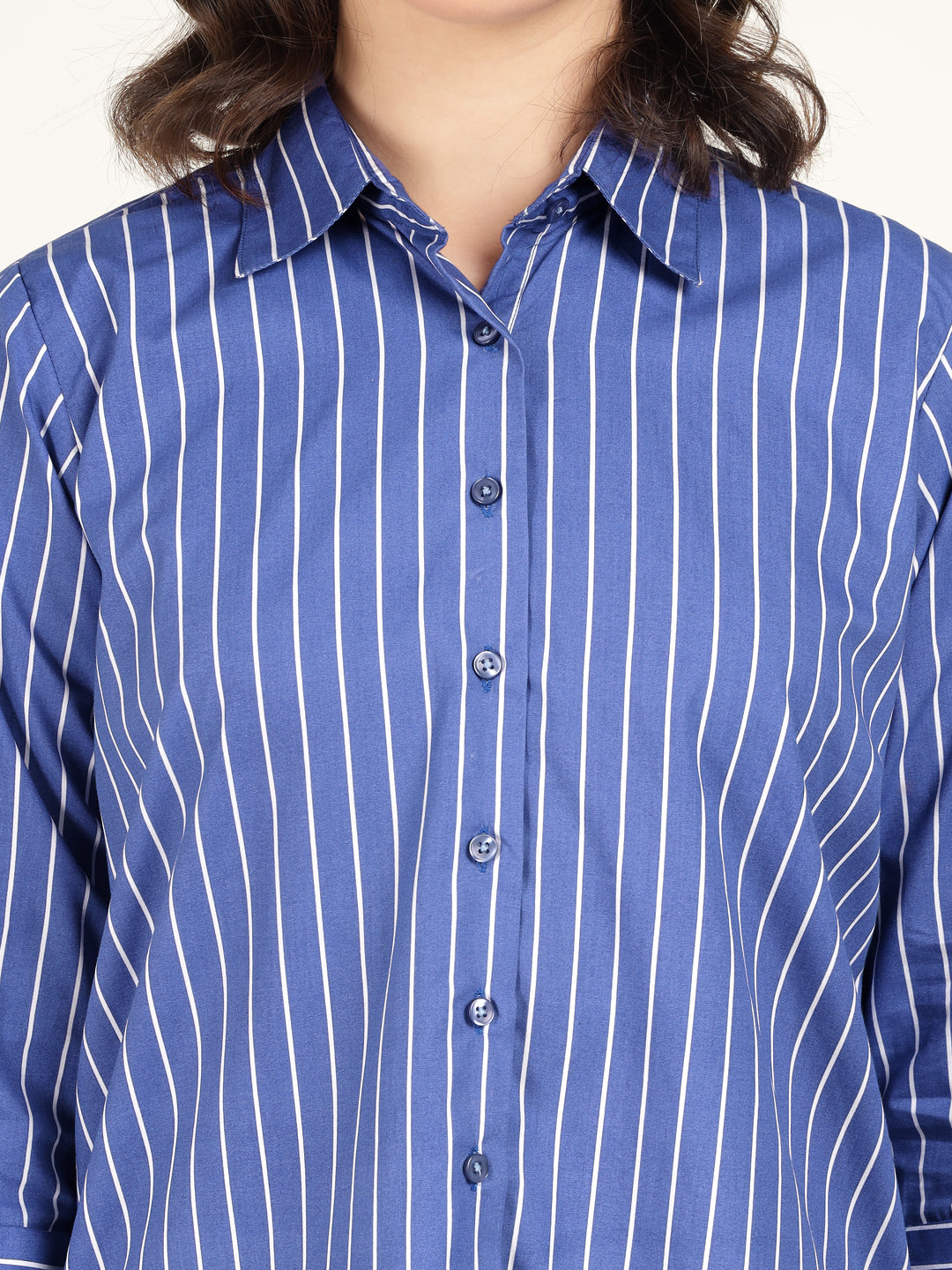 Hancock Women Blue & White Striped Pure Cotton Relaxed Fit Casual Shirt