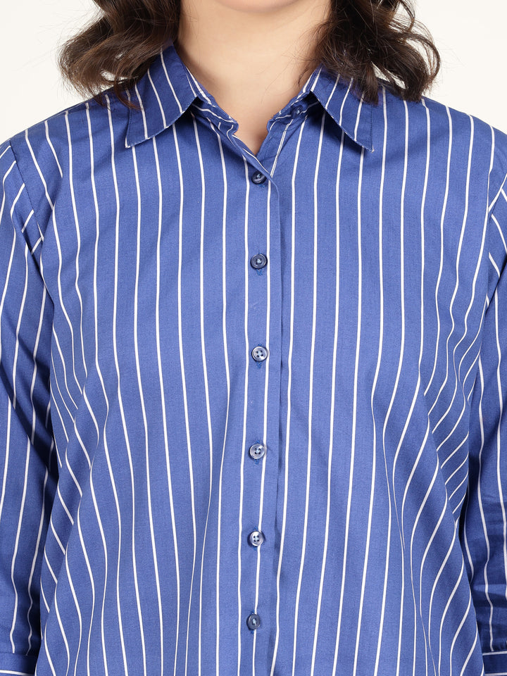 Hancock Women Blue & White Striped Pure Cotton Relaxed Fit Casual Shirt