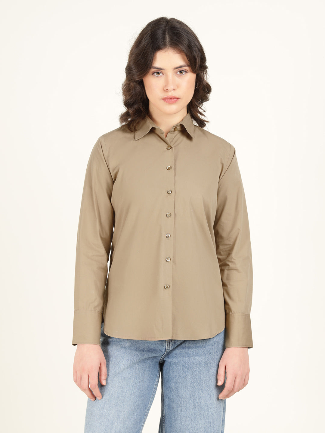 Women Beige Solid Pure Cotton Relaxed Fit Casual Shirt