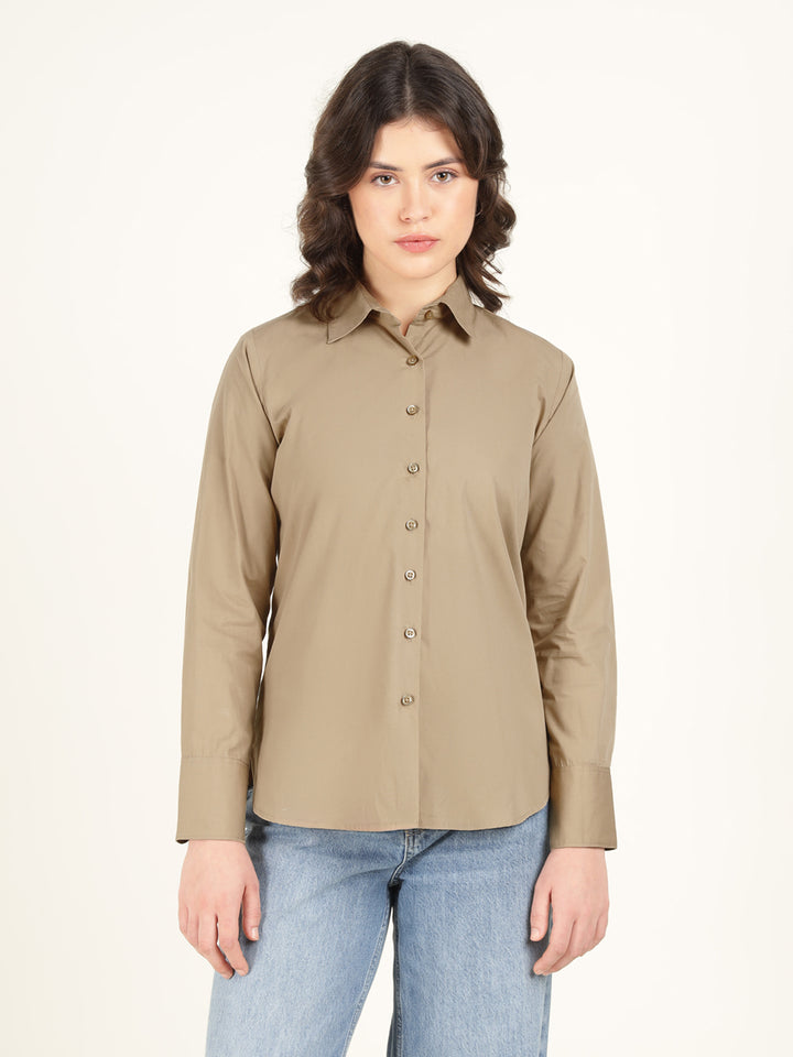 Women Beige Solid Pure Cotton Relaxed Fit Casual Shirt